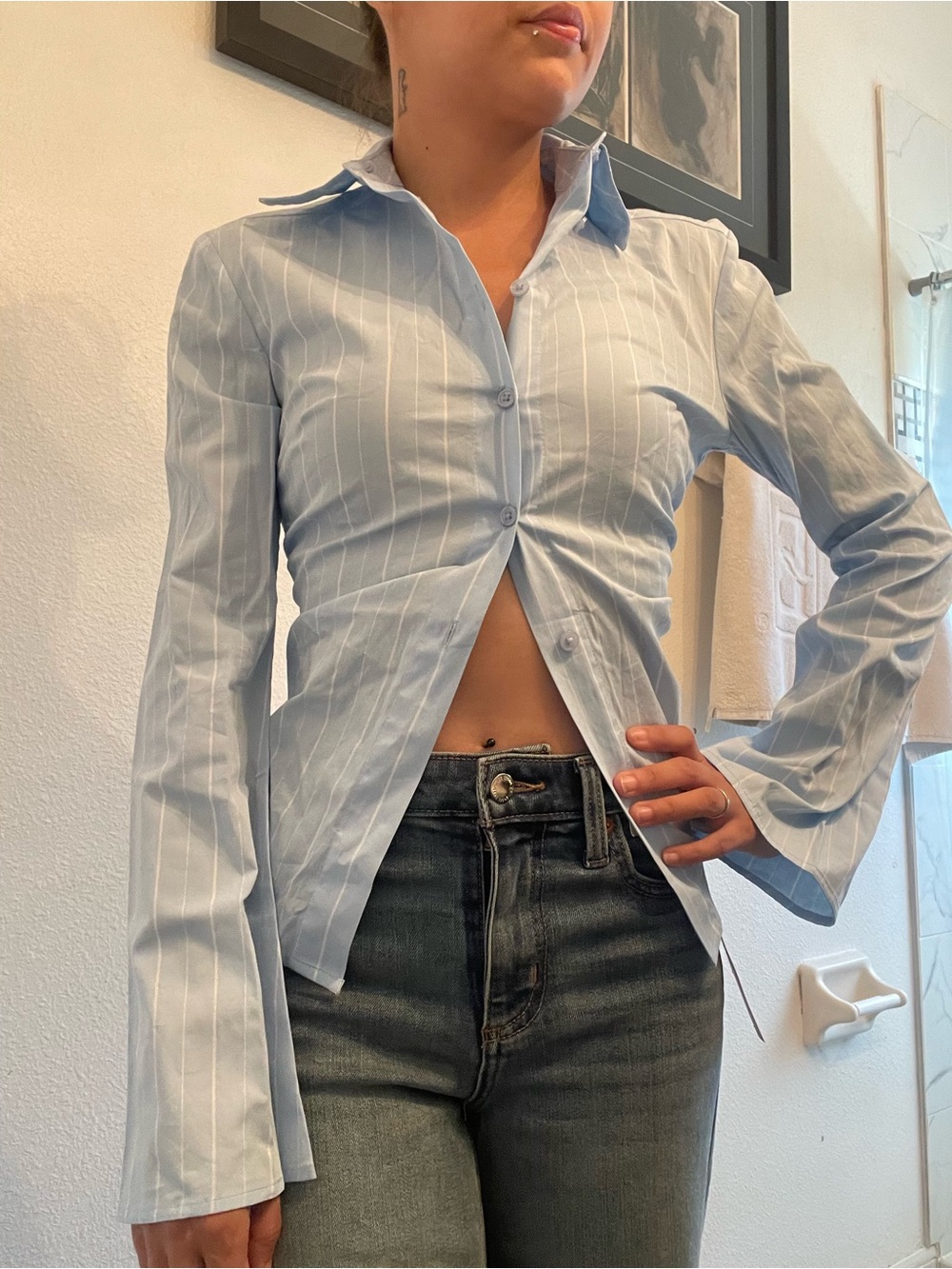 XXS Blue/White Striped Collared Button-Up Bell Sleeve Blouse Wild Fable
